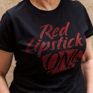 Red Lipstick ON Rhinestone Tee Black